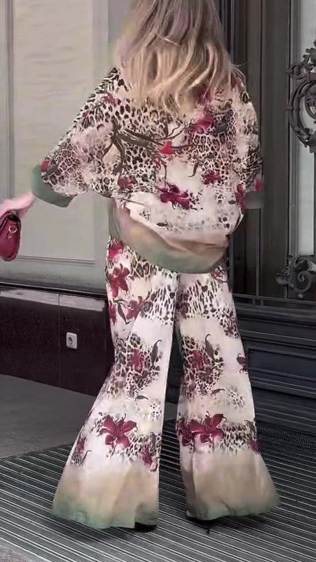 Leopard Floral Satin Two-Piece Wide Leg Set