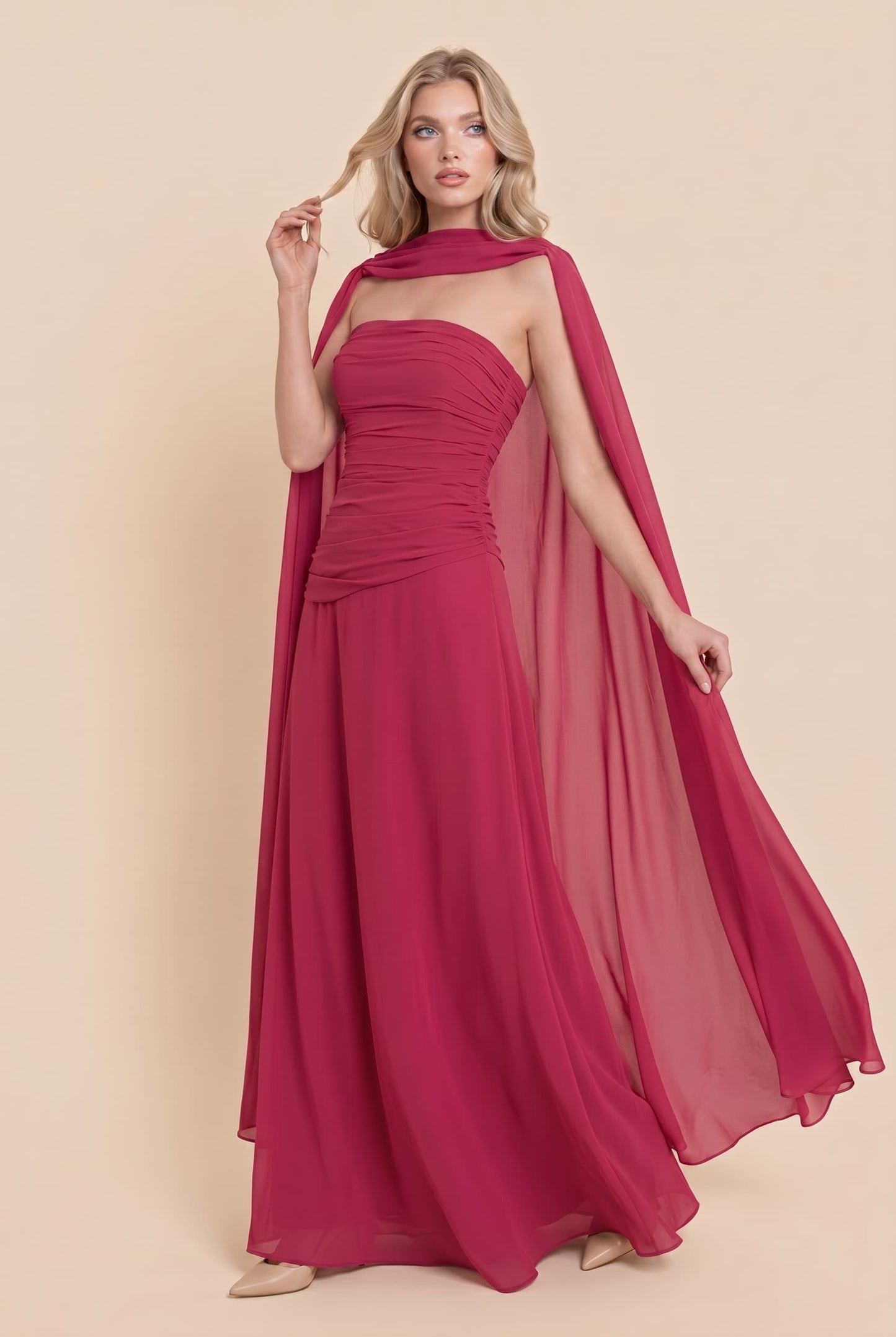 Pleated Design Cape Maxi Dress