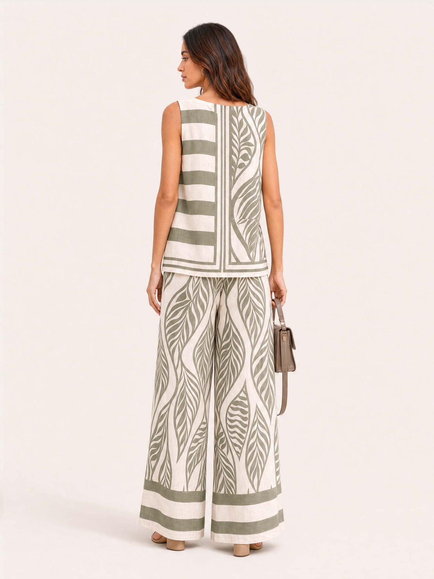Tropical Leaf Print Sleeveless Two-Piece Wide Leg Set