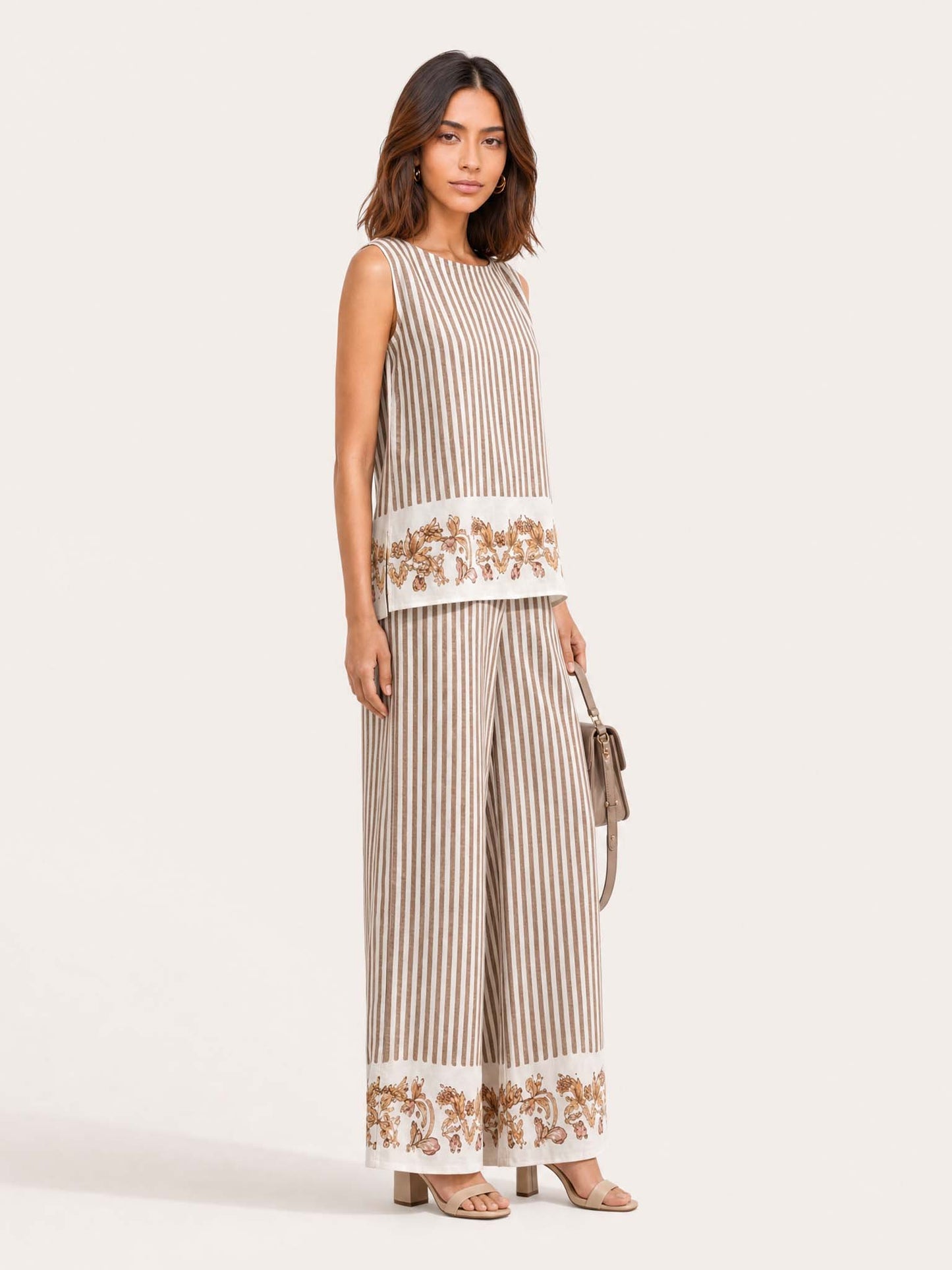 Elegant Striped Floral Two-Piece Wide Leg Pants Set