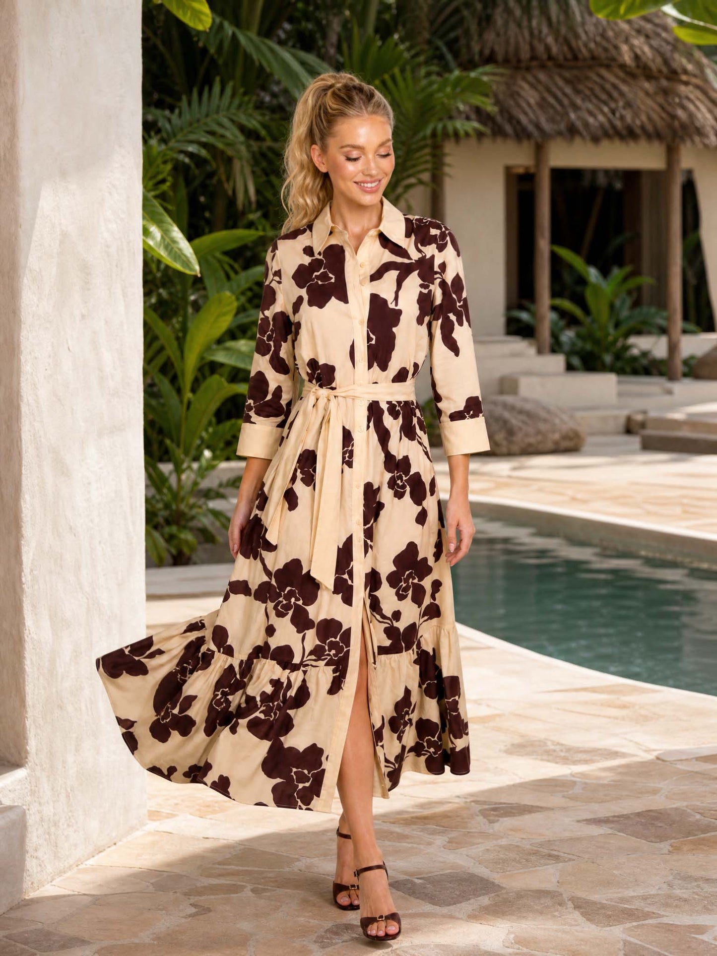 Elegant Floral Print Belted Maxi Shirt Dress