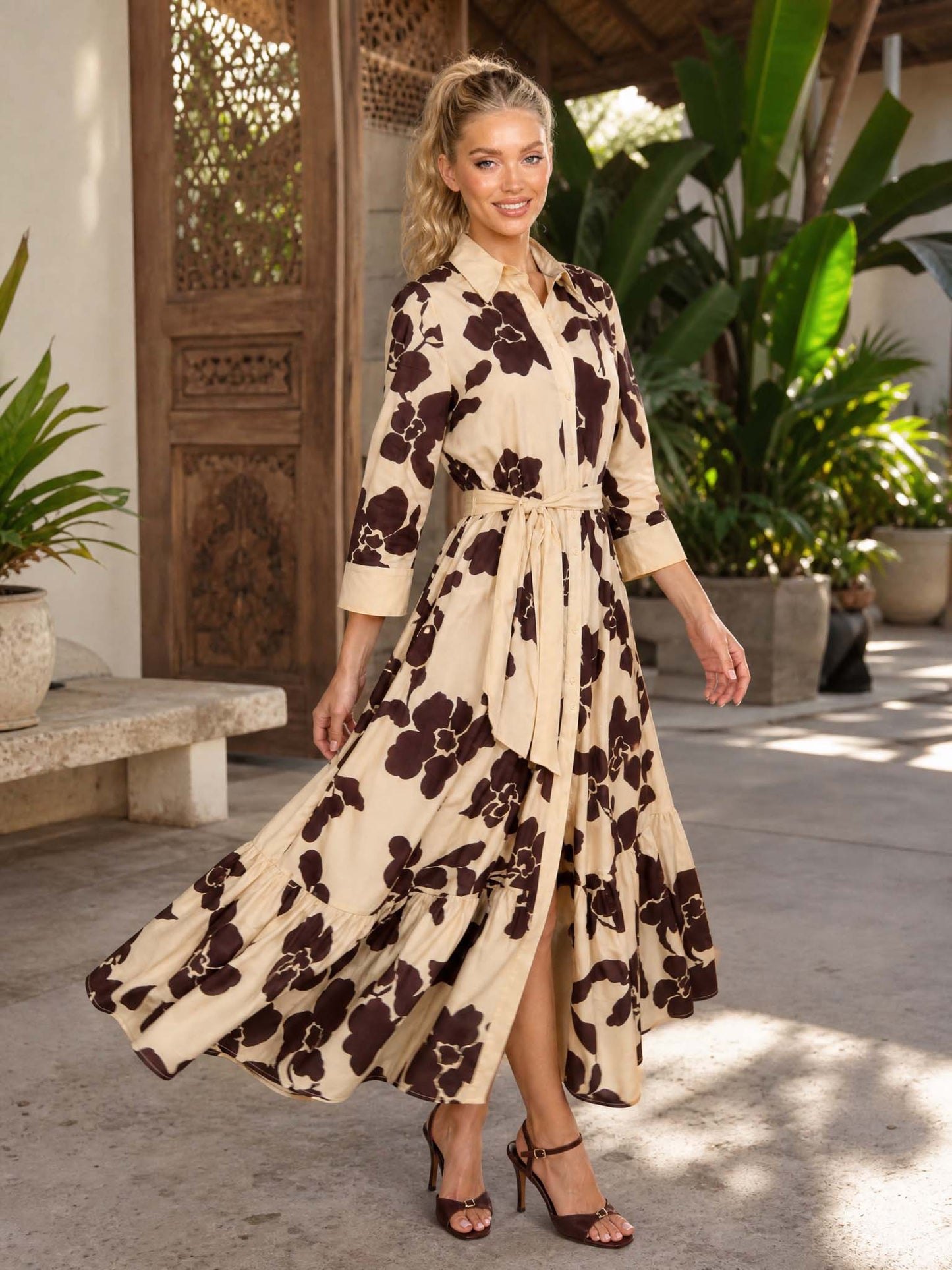 Elegant Floral Print Belted Maxi Shirt Dress