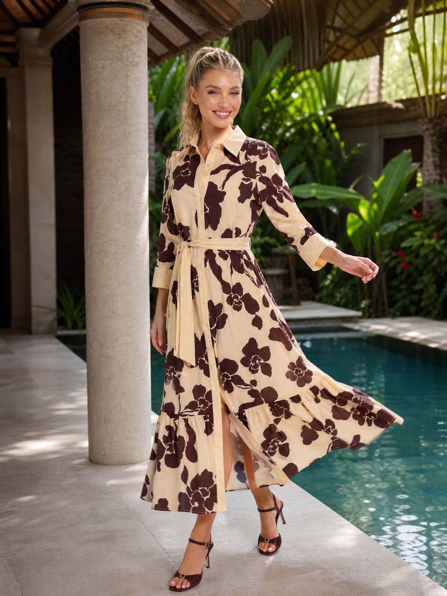 Elegant Floral Print Belted Maxi Shirt Dress