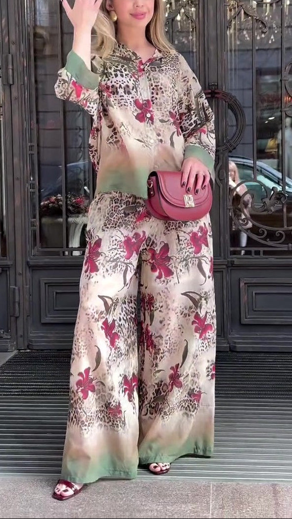 Leopard Floral Satin Two-Piece Wide Leg Set
