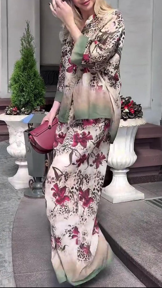 Leopard Floral Satin Two-Piece Wide Leg Set