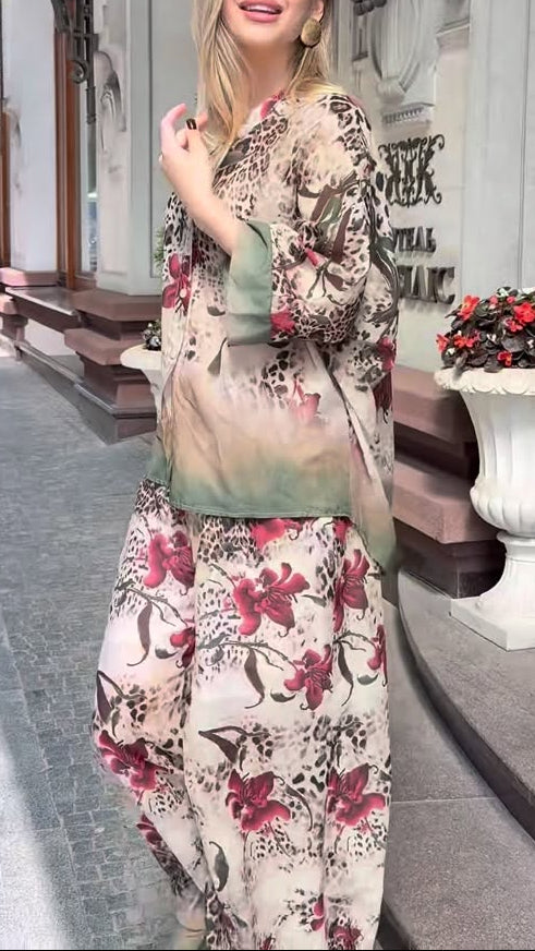 Leopard Floral Satin Two-Piece Wide Leg Set