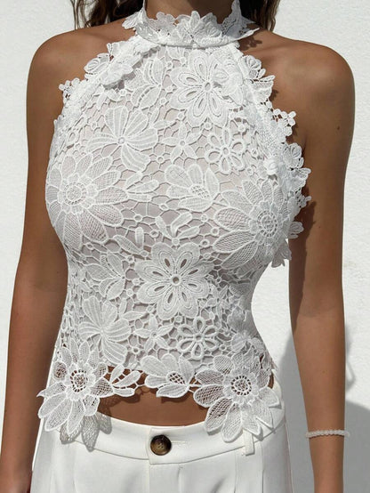 Camiseta sin mangas de encaje tropical