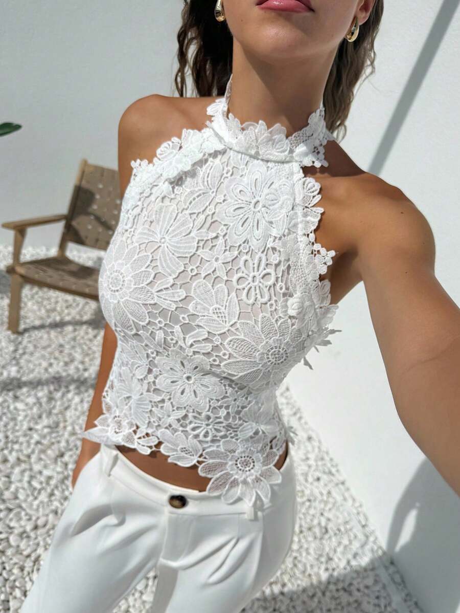 Camiseta sin mangas de encaje tropical