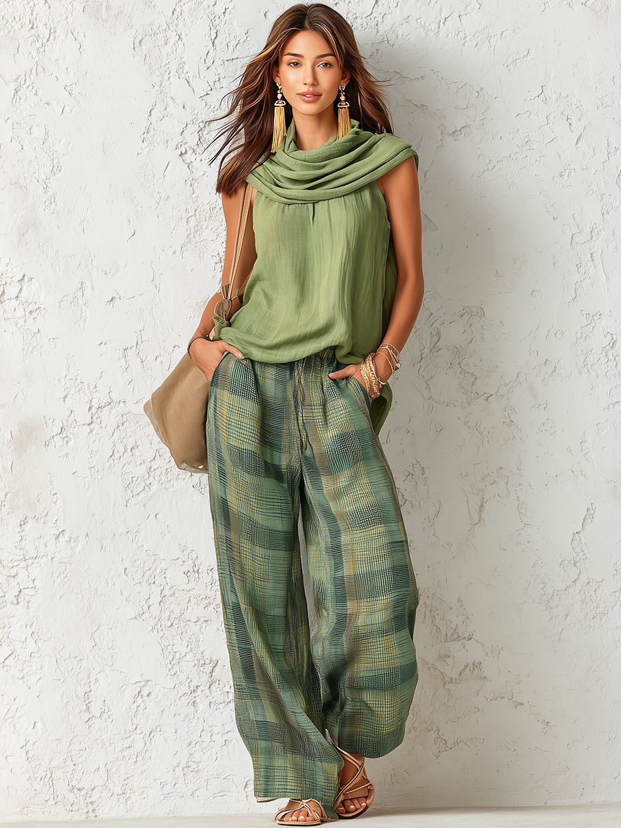 Conjunto de top sin mangas de estilo casual chic de inspiración vintage y pantalones a cuadros