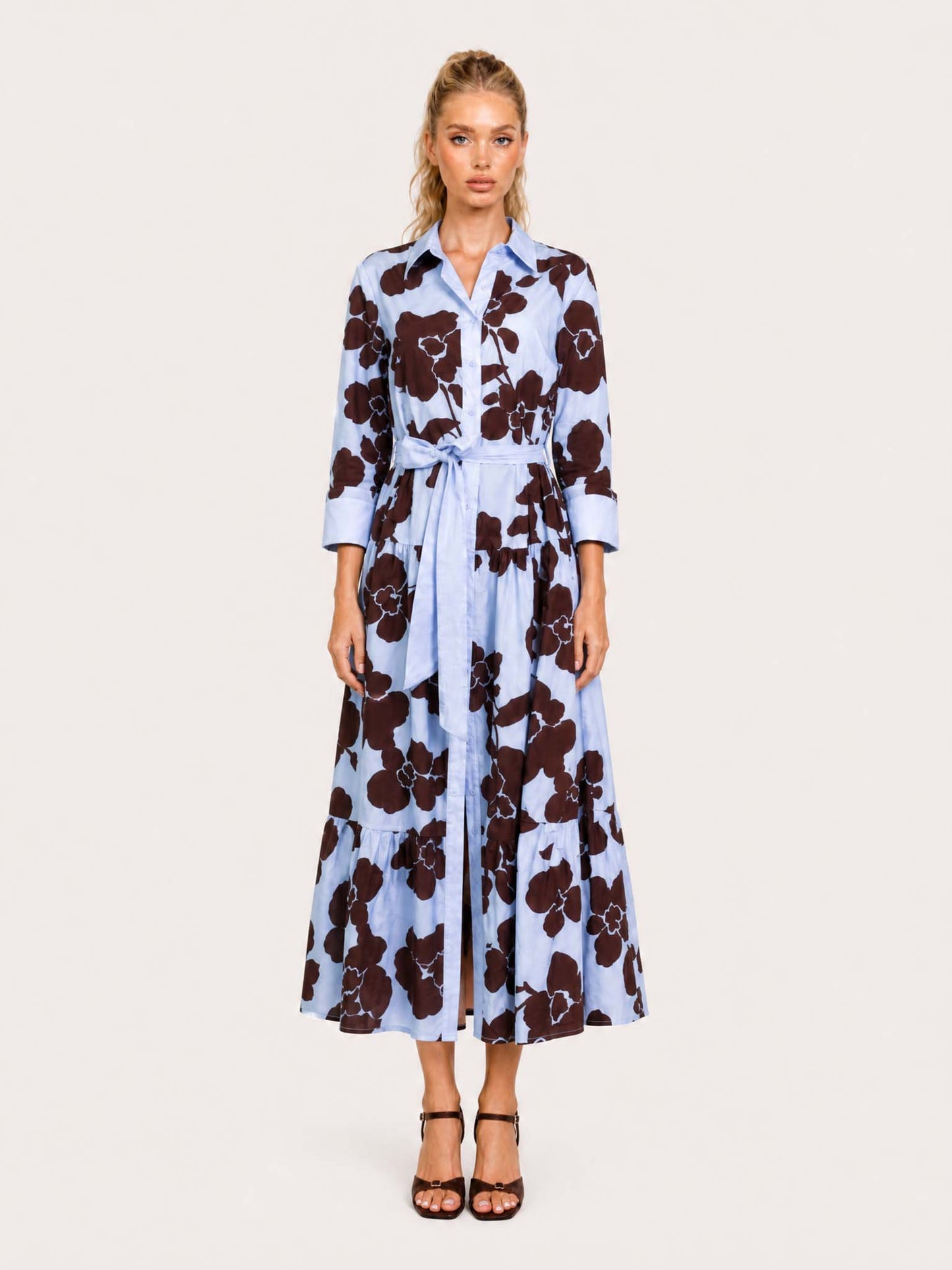 Elegant Floral Print Belted Maxi Shirt Dress