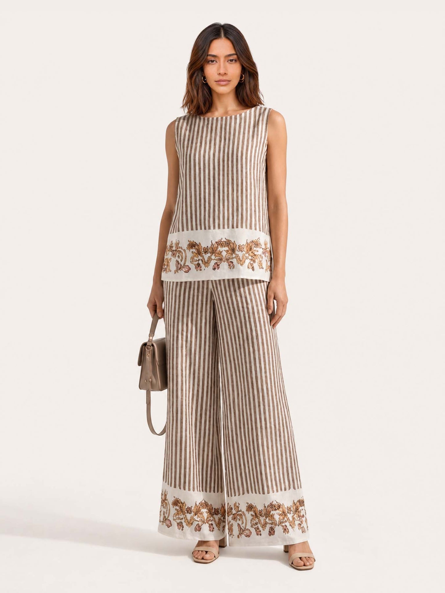 Elegant Striped Floral Two-Piece Wide Leg Pants Set