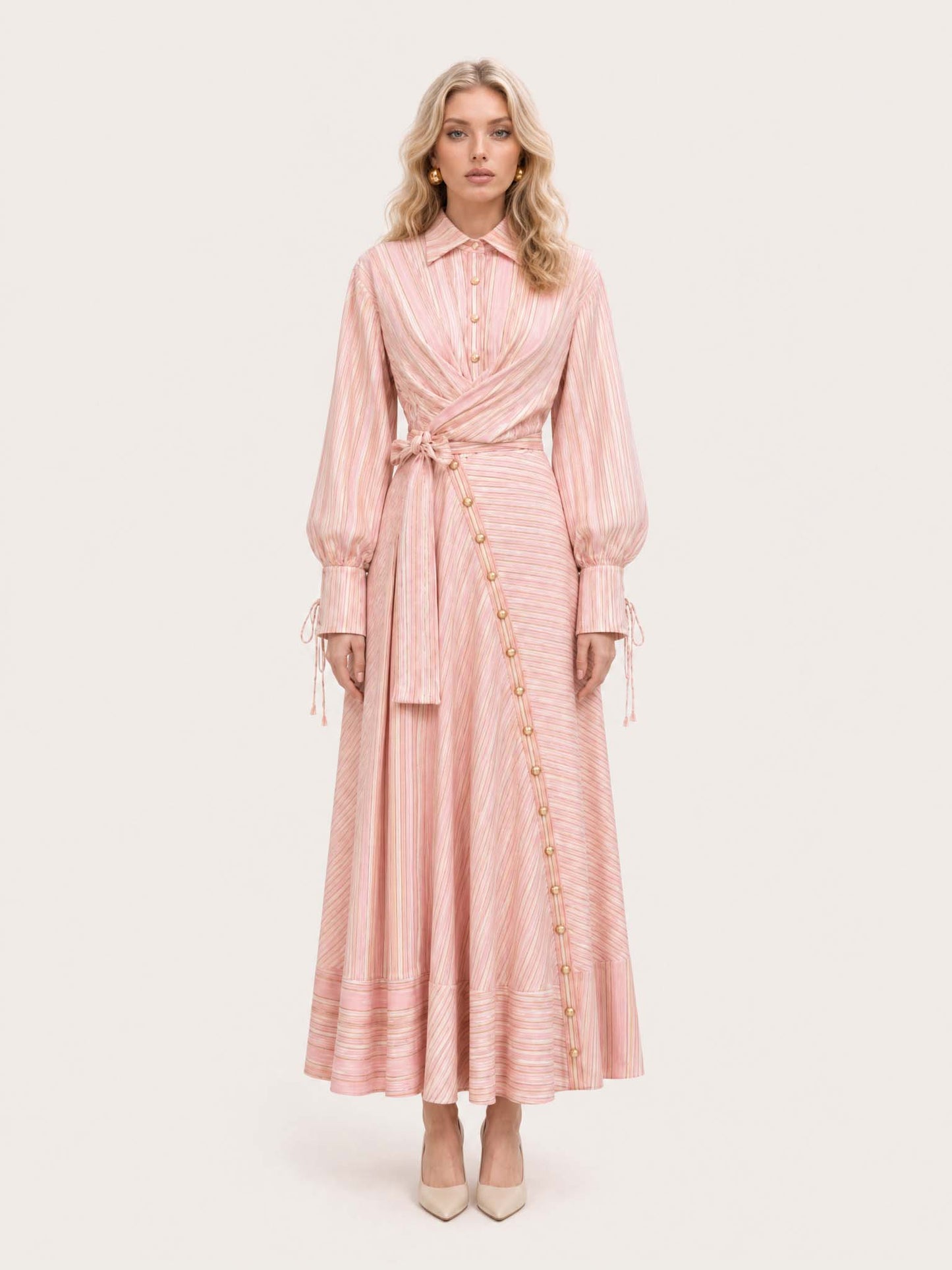 Pink Stripe Print Long Sleeve Waist Tie Maxi Shirt Dress