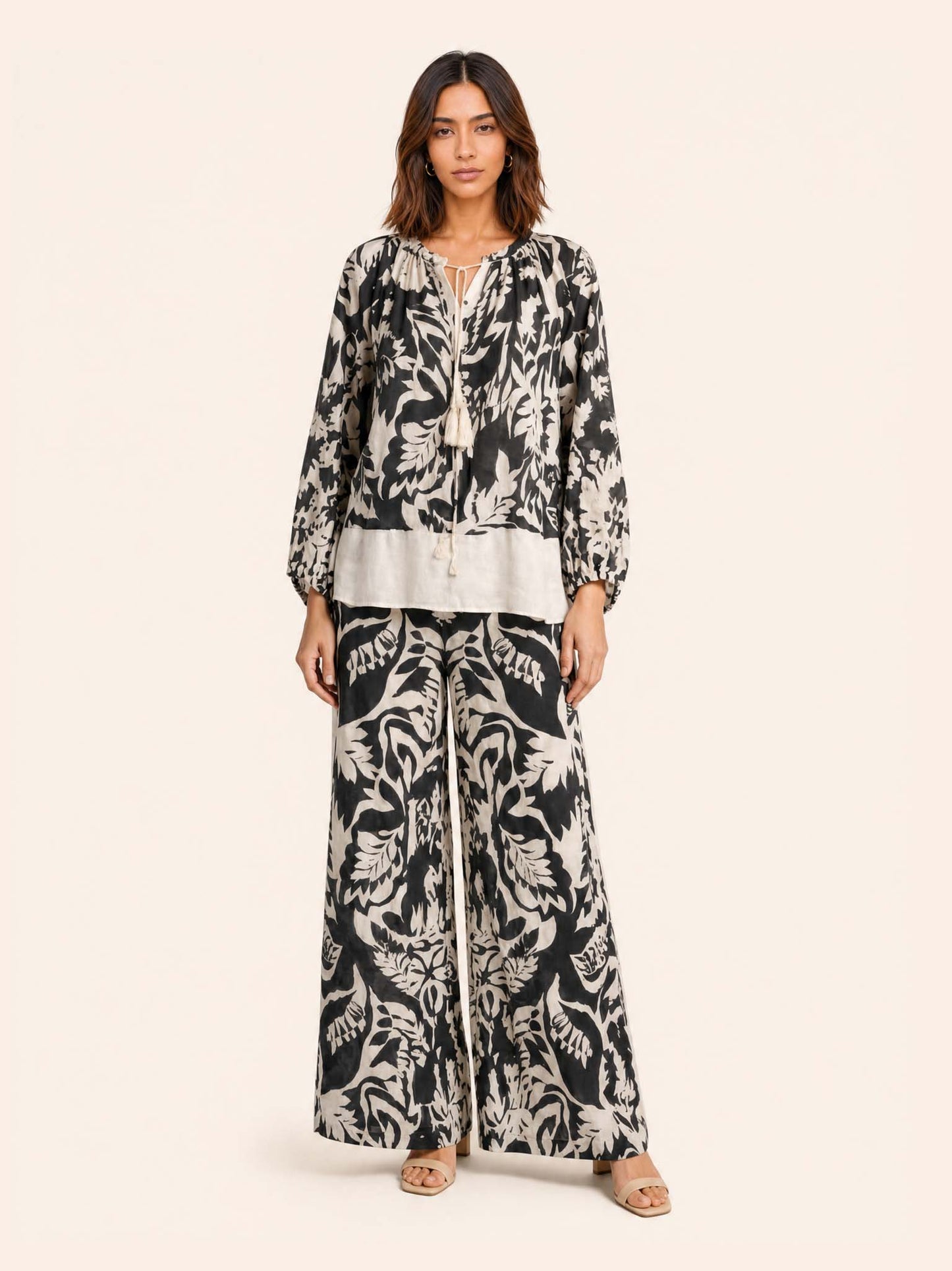 Monochrome Tropical Print Two-Piece Lounge Set