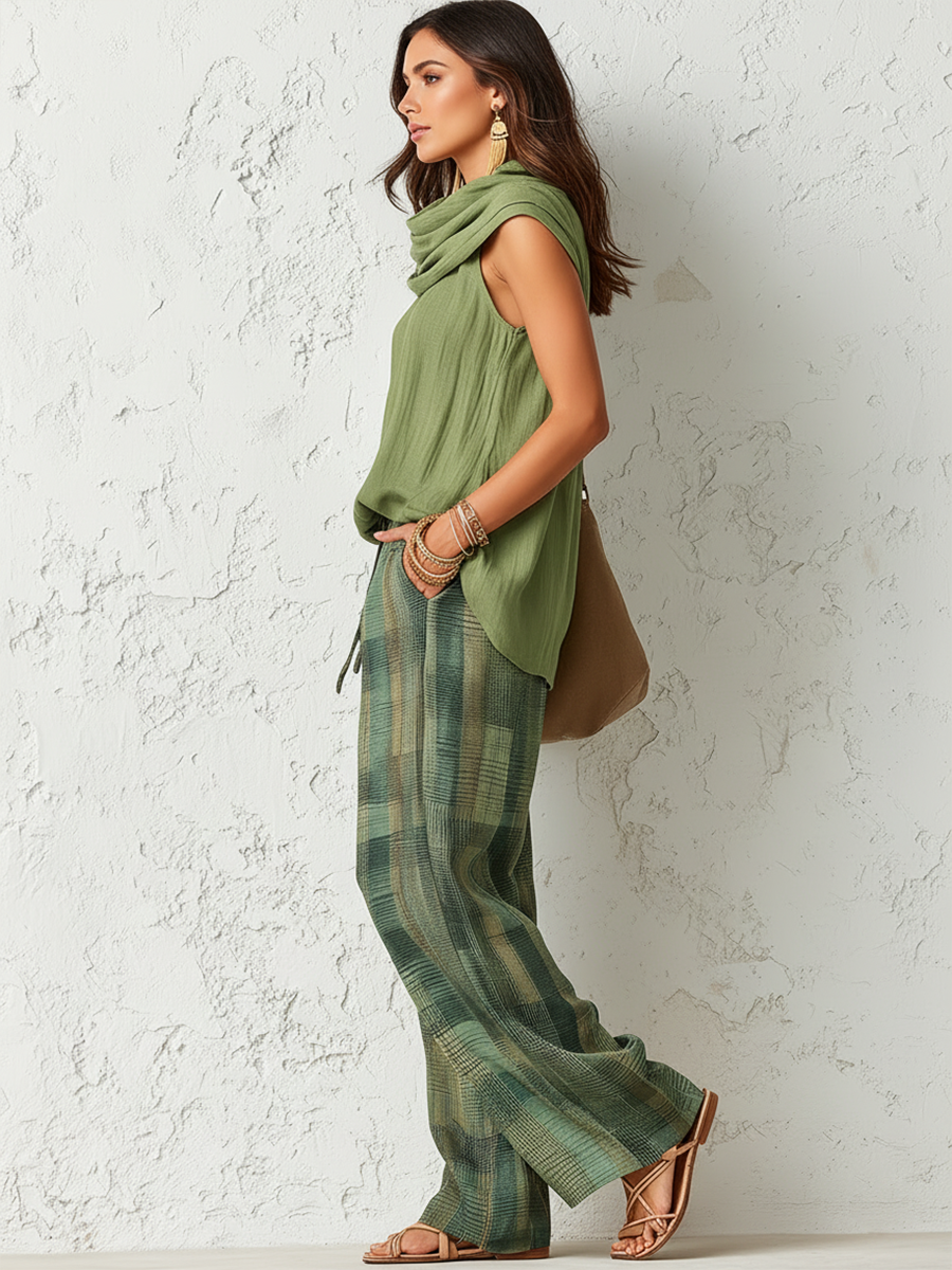 Conjunto de top sin mangas de estilo casual chic de inspiración vintage y pantalones a cuadros