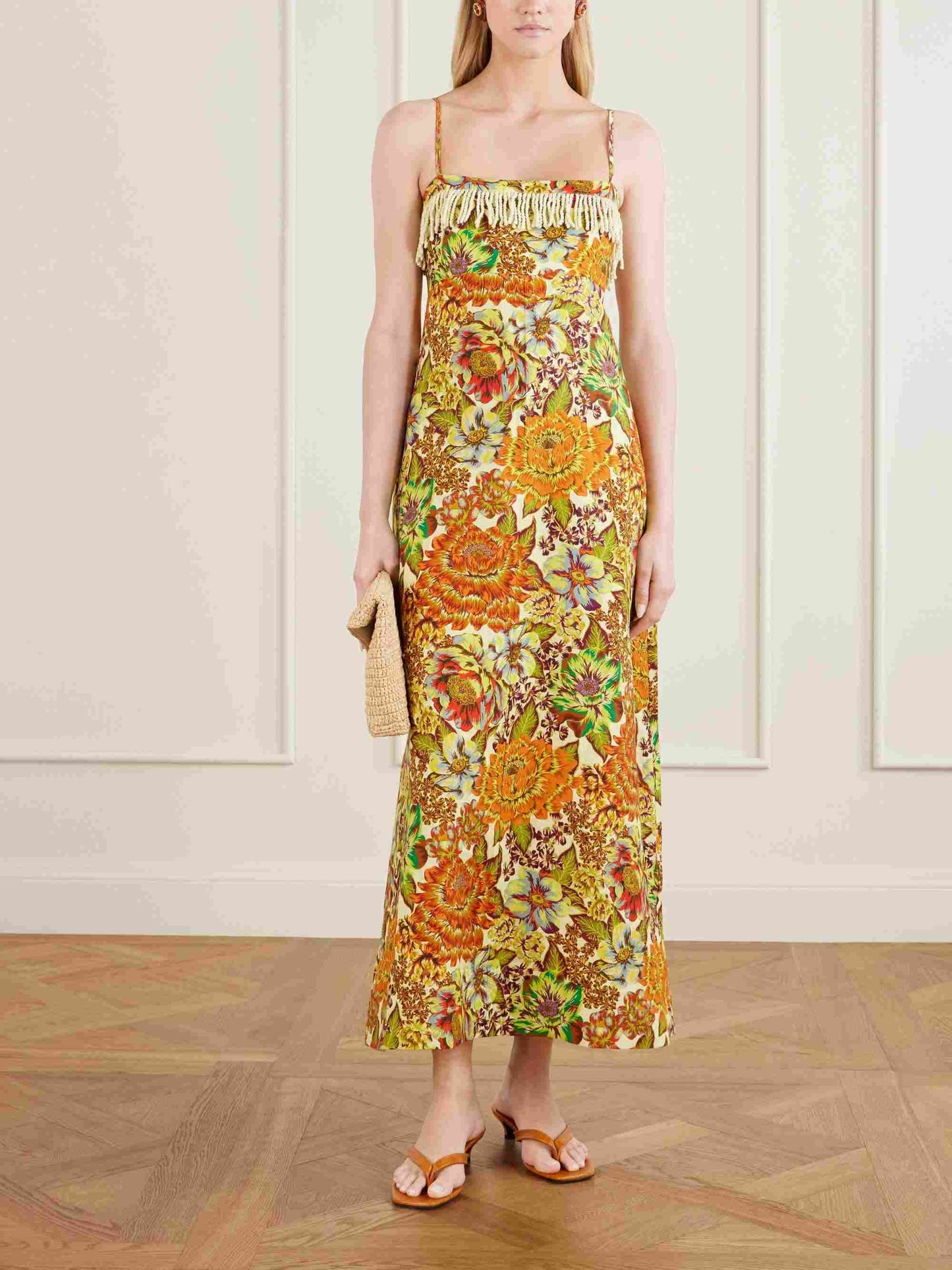 Exquisite Floral Print Spaghetti Strap Fringe Fitted Maxi Dress