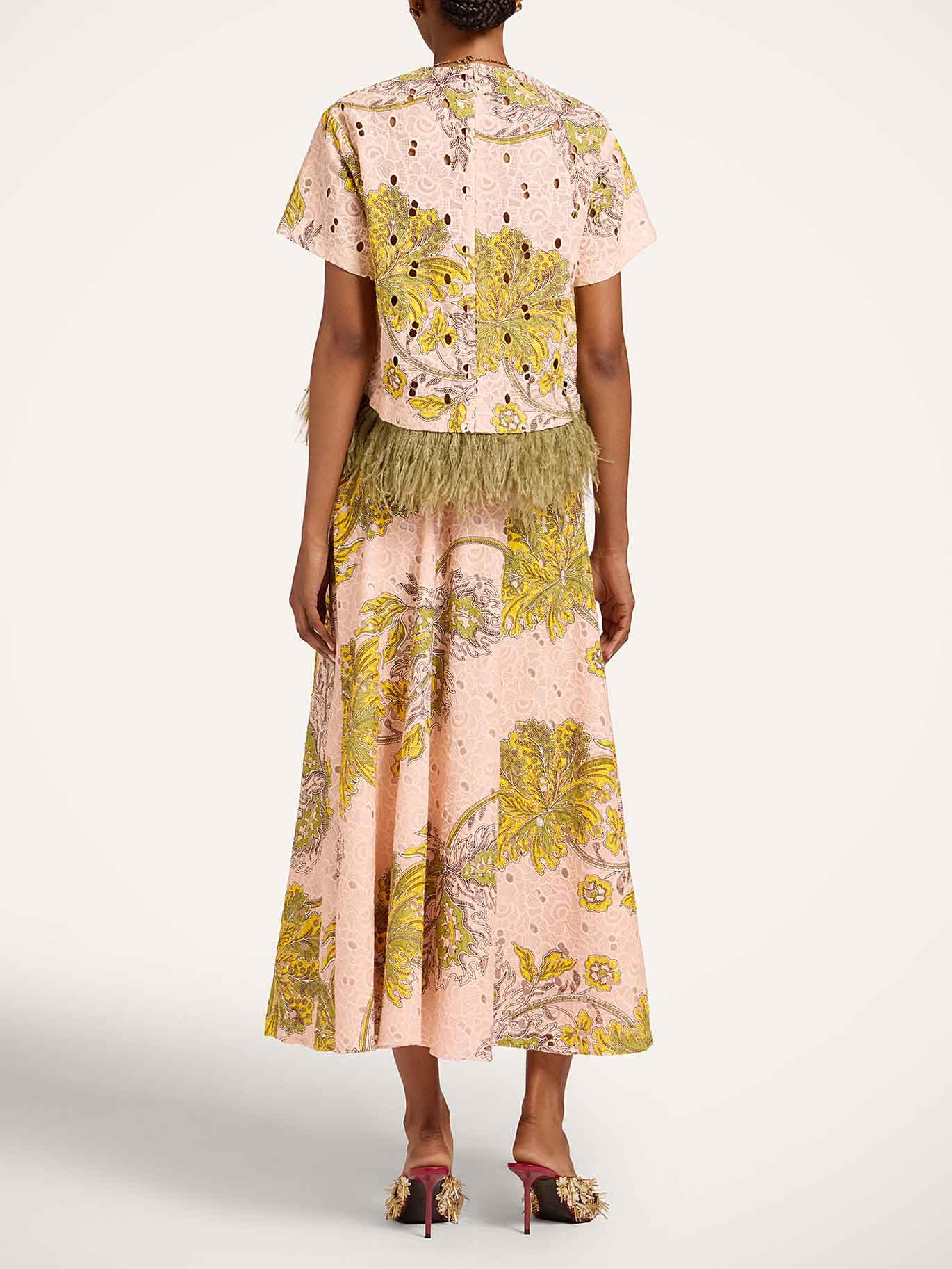 Elegant Paisley Print Feather Trim Top