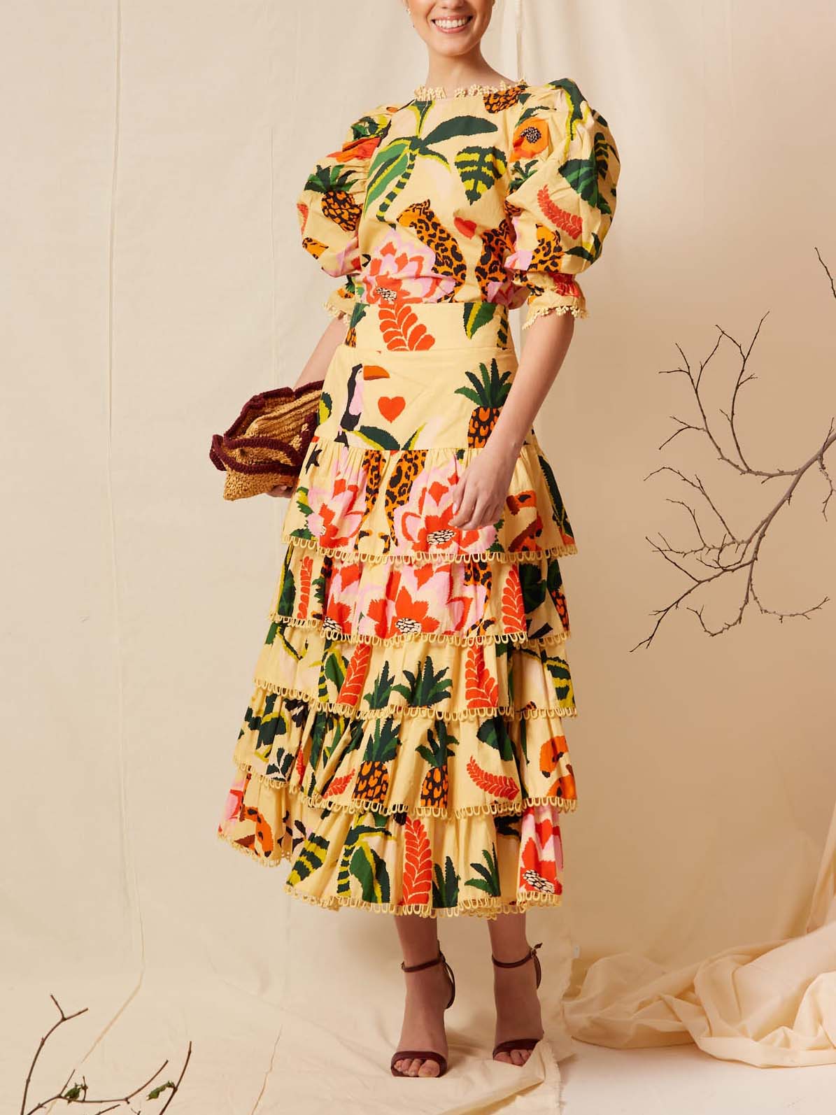 Elegant Tropical Print Puff Sleeve Ruffle Two-Piece Set