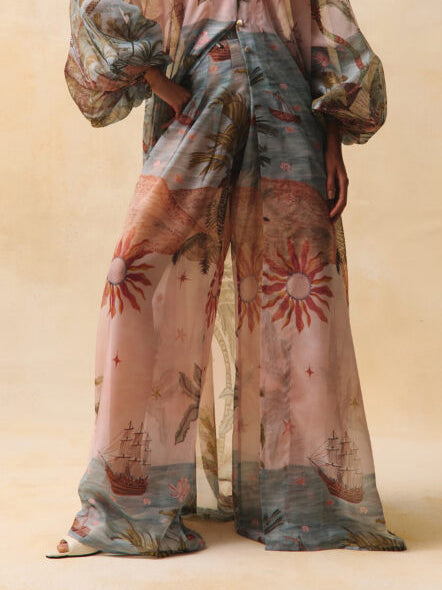 Retro Tropical Palm Tree Ship Print Sheer Chiffon Pants
