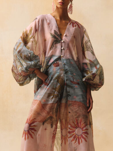 Retro Tropical Palm Tree Ship Print Sheer Chiffon Pants