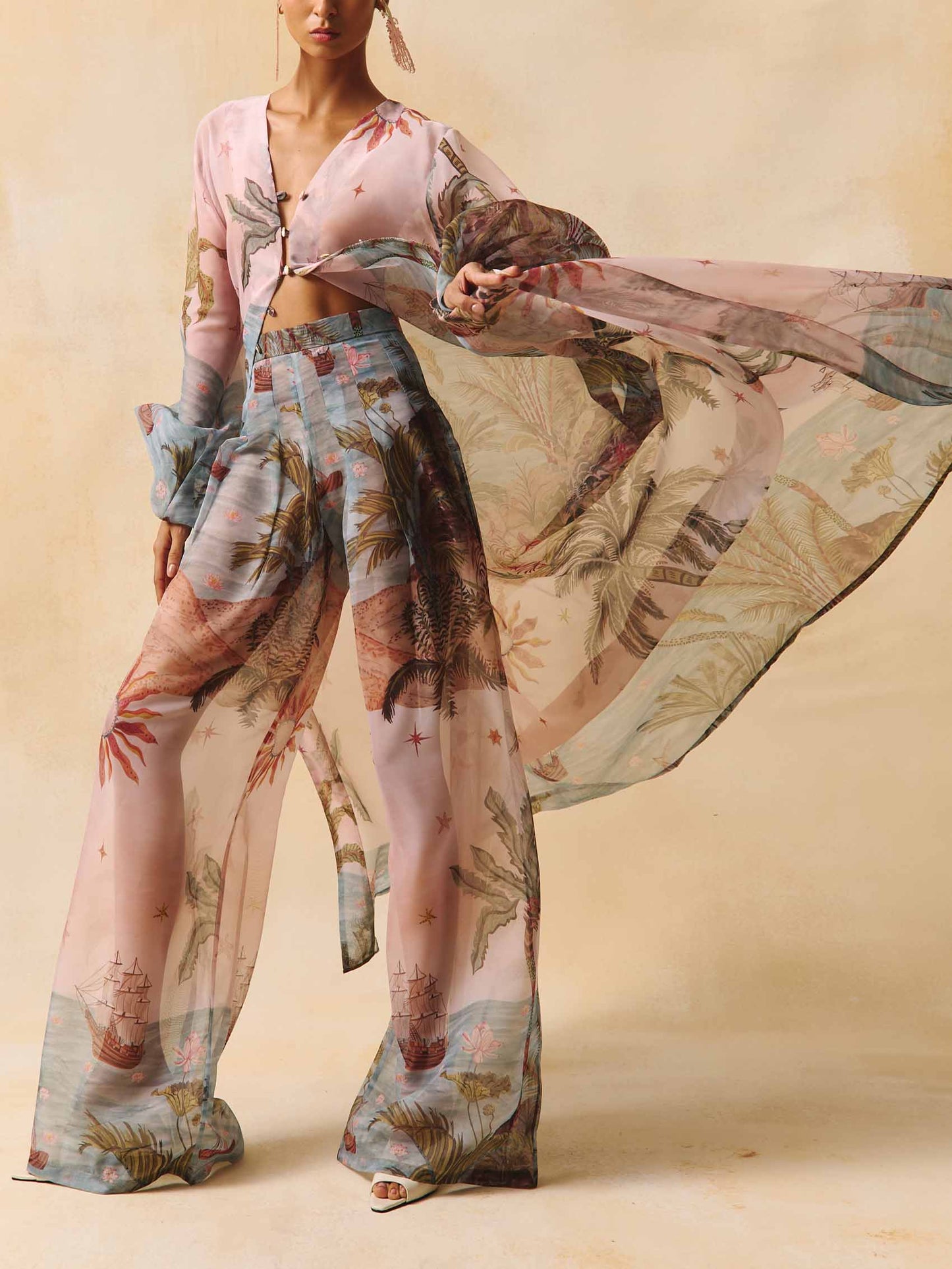 Retro Tropical Palm Tree Ship Print Sheer Chiffon Pants
