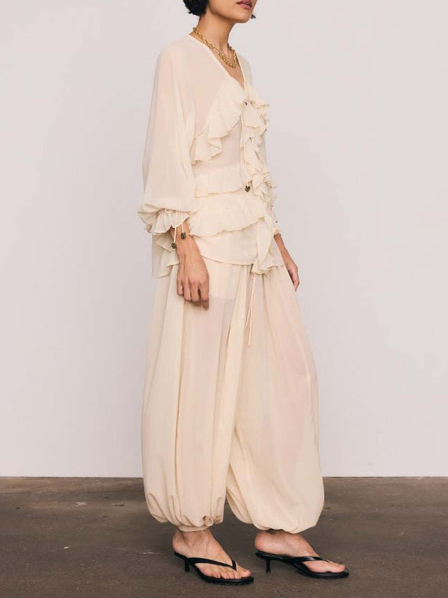Romantic Ruffle Chiffon Blouse & Wide-Leg Pants Two-Piece Set