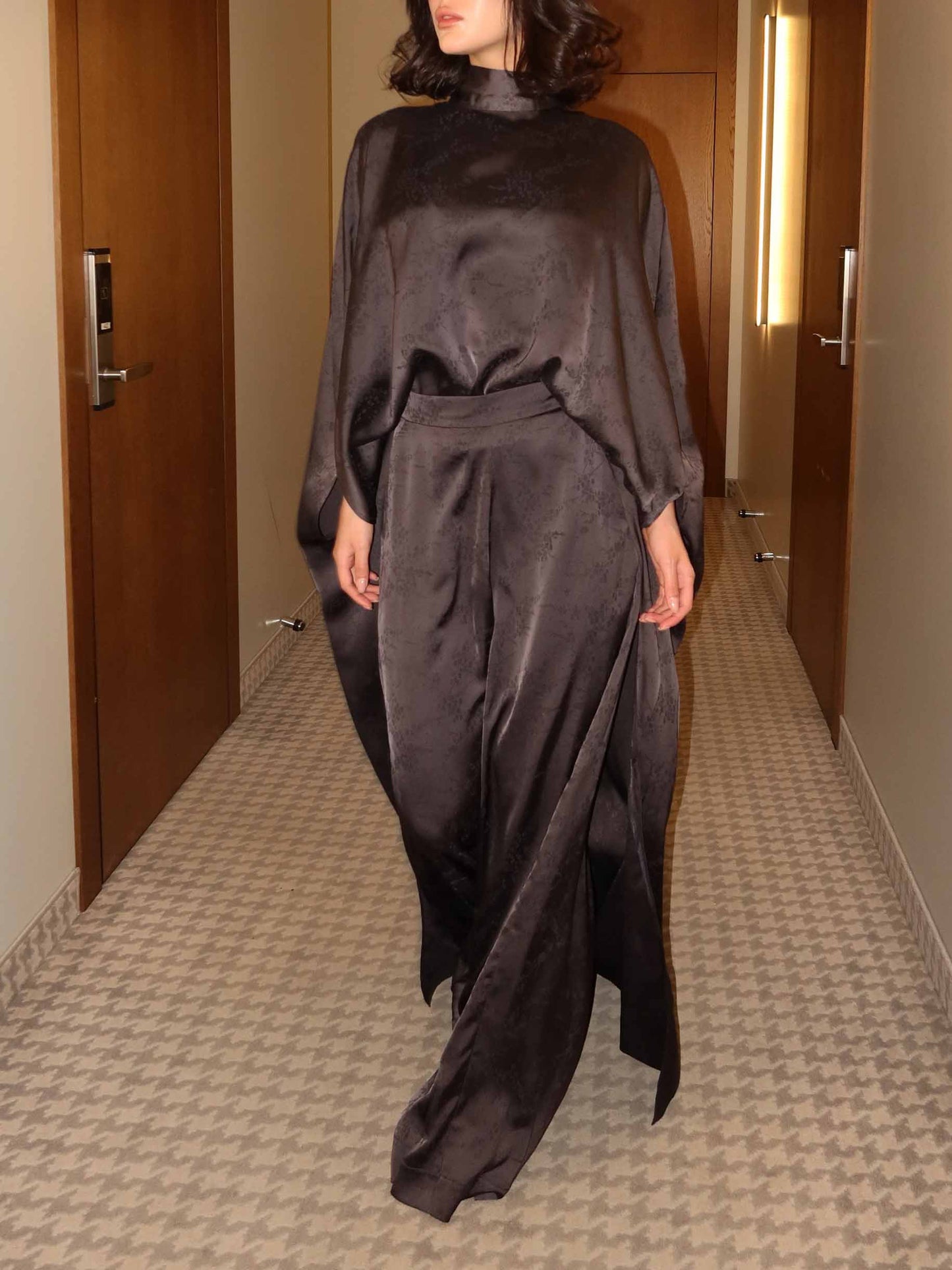 Elegant Satin Batwing Top & Draped Wide-Leg Pants Two-Piece Set