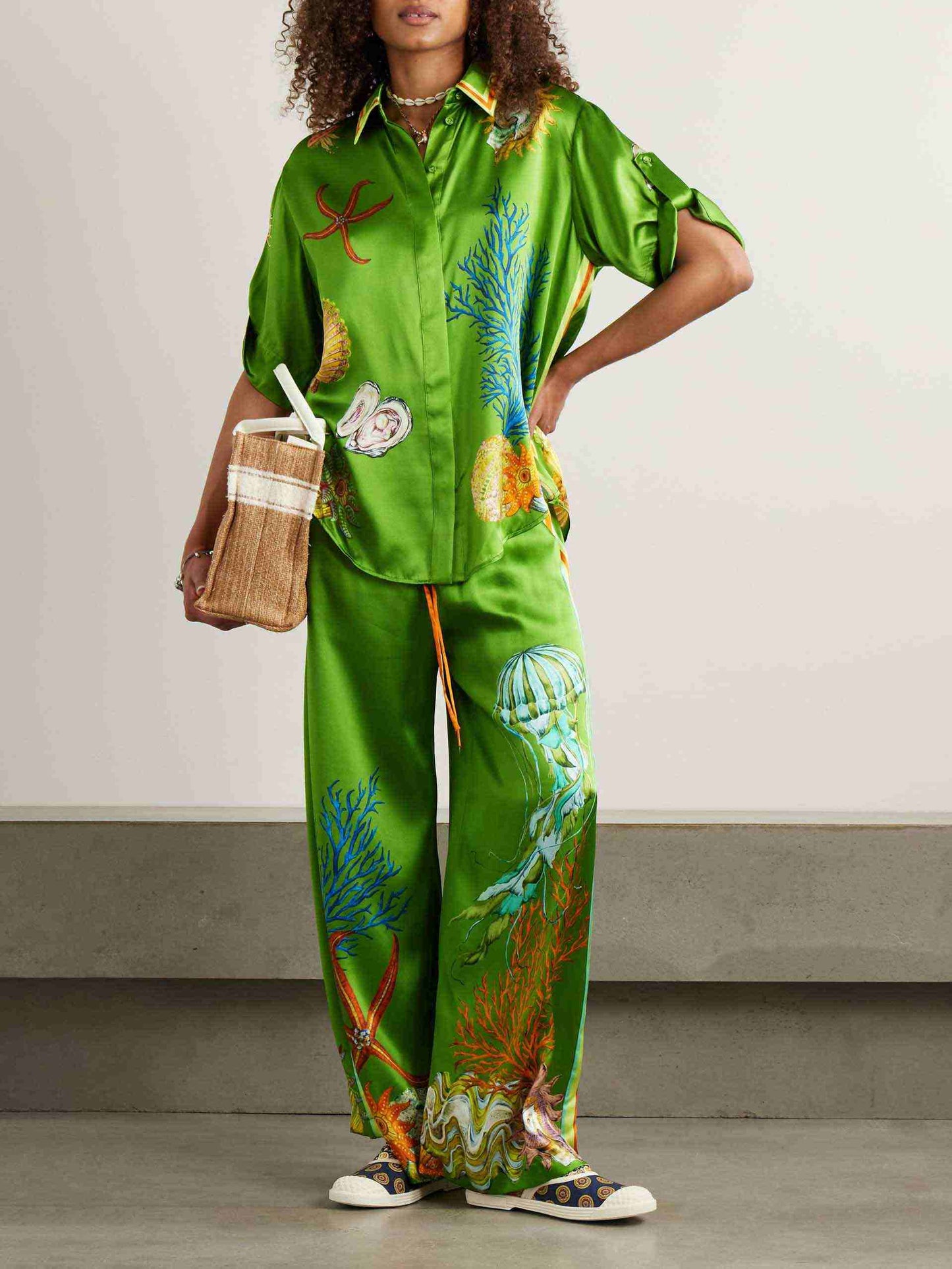 Ocean Print Satin Shirt & Palazzo Pants Two-Piece Set