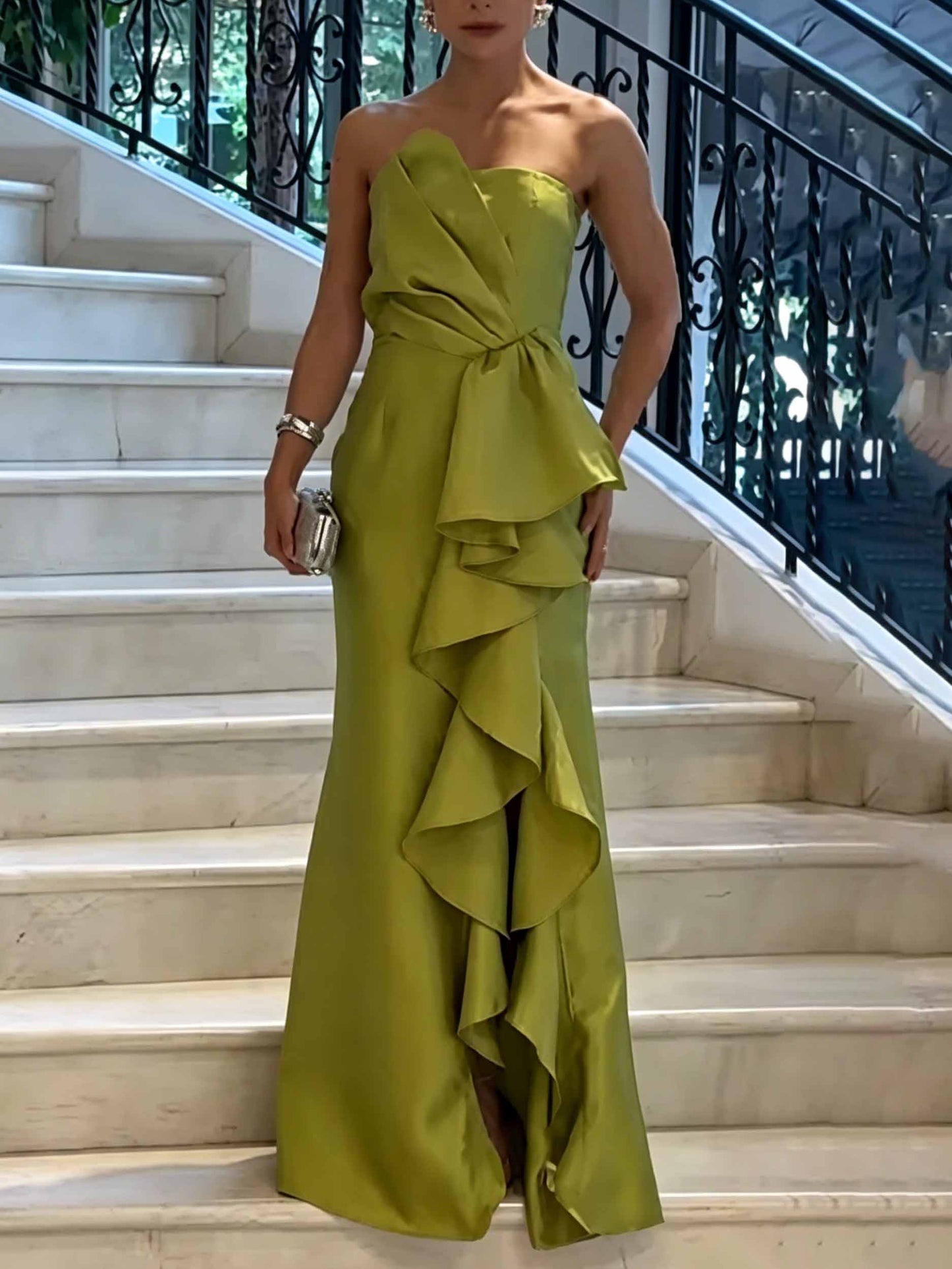 Elegant Strapless Ruffle Satin Gown Maxi Dress