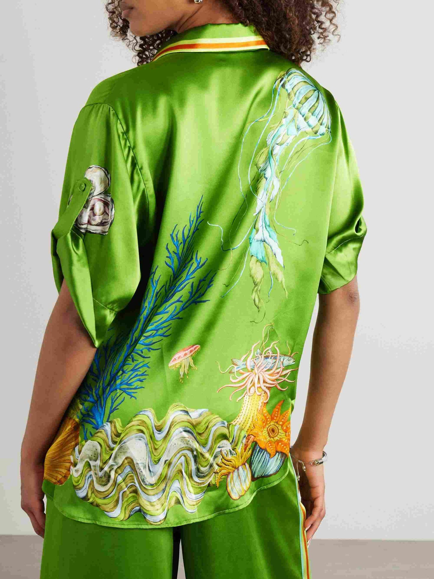 Ocean Print Satin Collared Short Sleeve Shirt