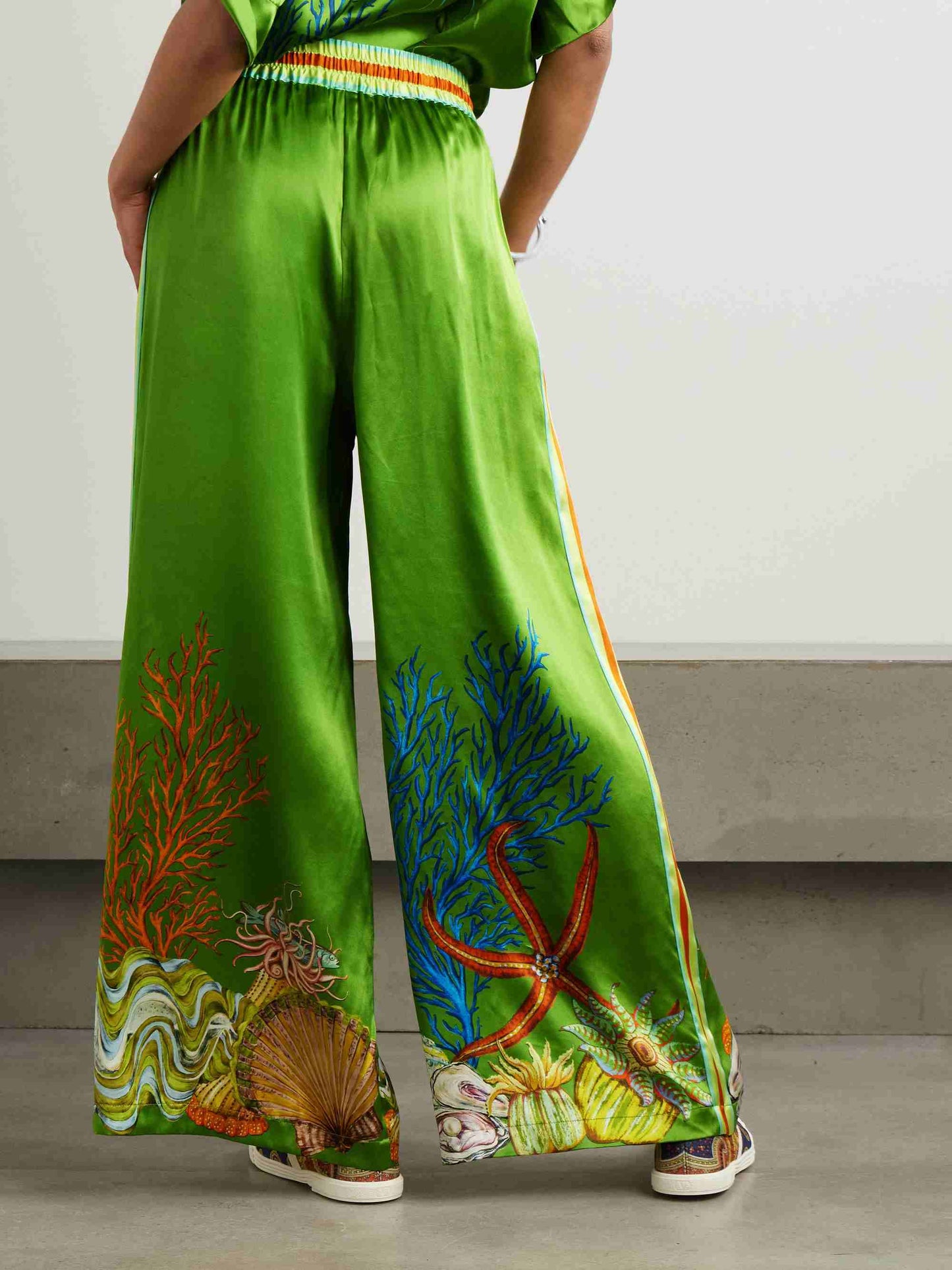 Ocean Print Satin Wide Leg Palazzo Pants