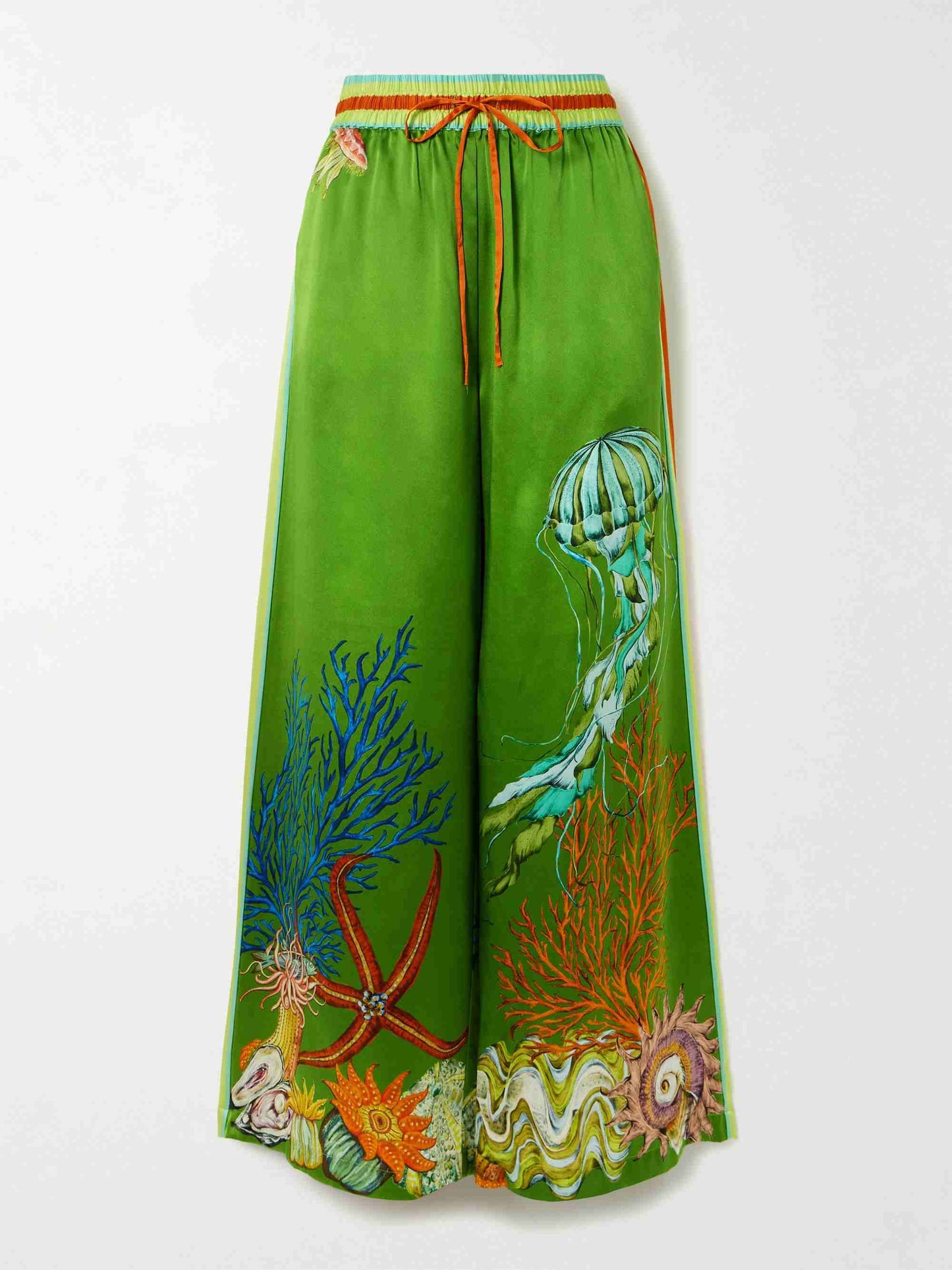 Ocean Print Satin Shirt & Palazzo Pants Two-Piece Set
