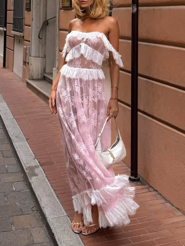 Romantic Sheer Tulle Ruffle Lace Maxi Dress