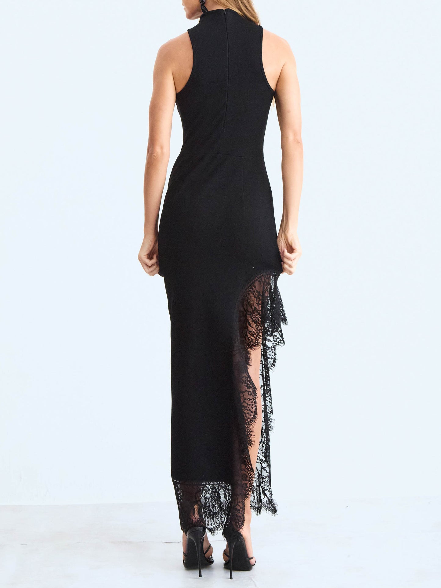 Elegant Halter Lace Trim Asymmetrical Midi Dress