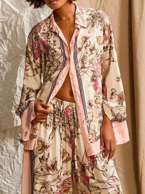 Elegant Floral Print Satin Shirt & Wide-Leg Pants Set