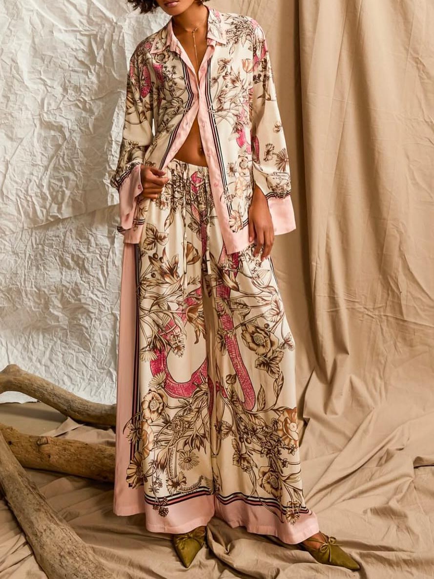 Elegant Floral Print Satin Button-Up Shirt