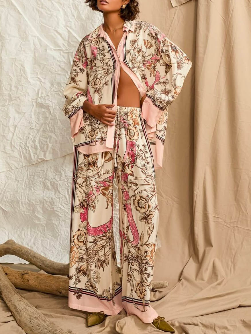 Elegant Floral Print Satin Button-Up Shirt