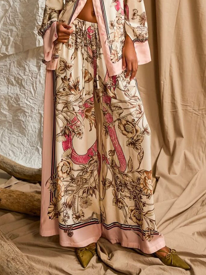 Elegant Floral Print Satin Button-Up Shirt