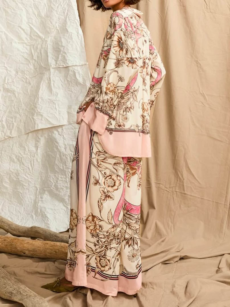 Elegant Floral Print Satin Wide-Leg Pants