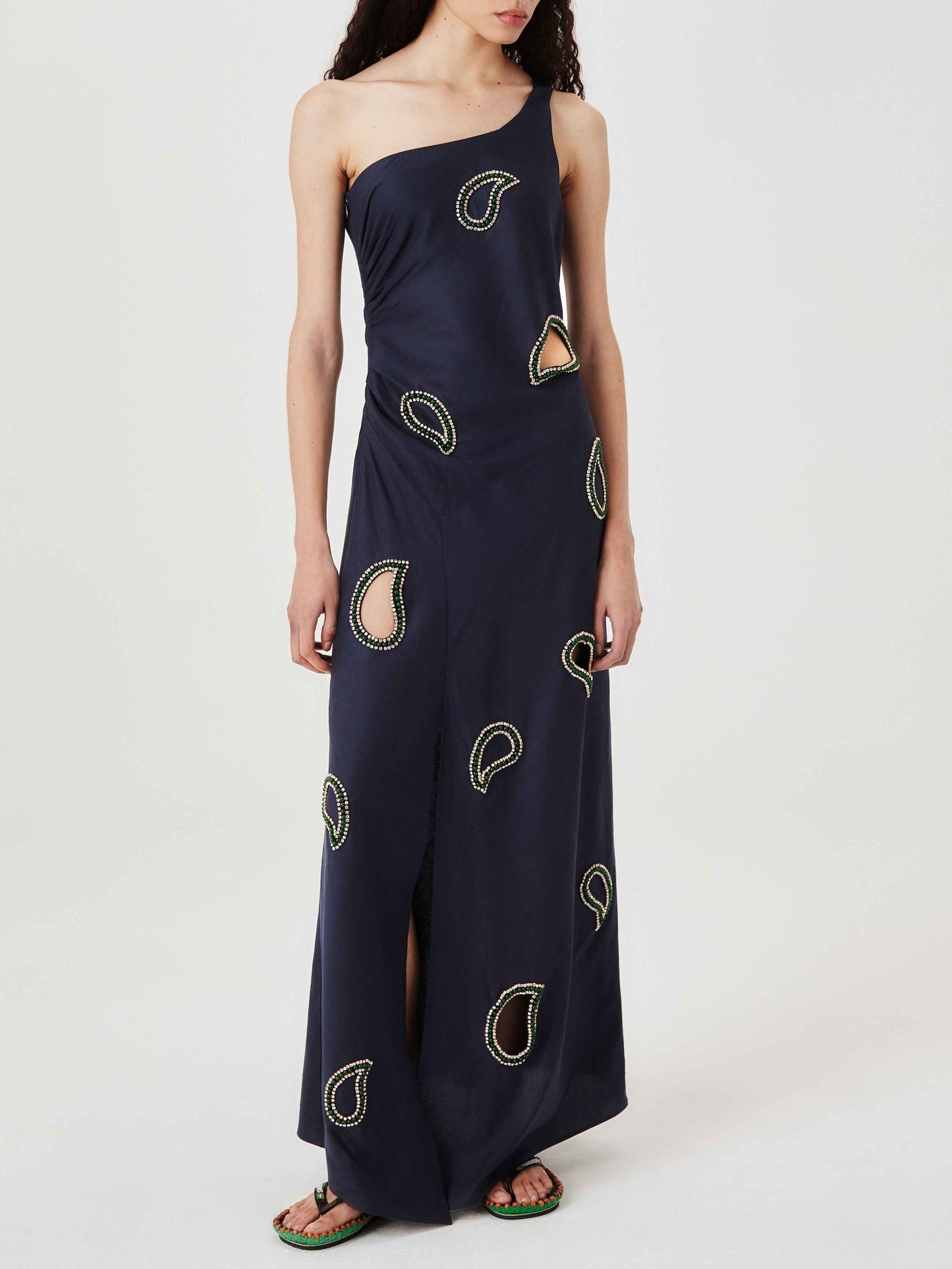 Paisley One-Shoulder Cutout Slit Maxi Dress