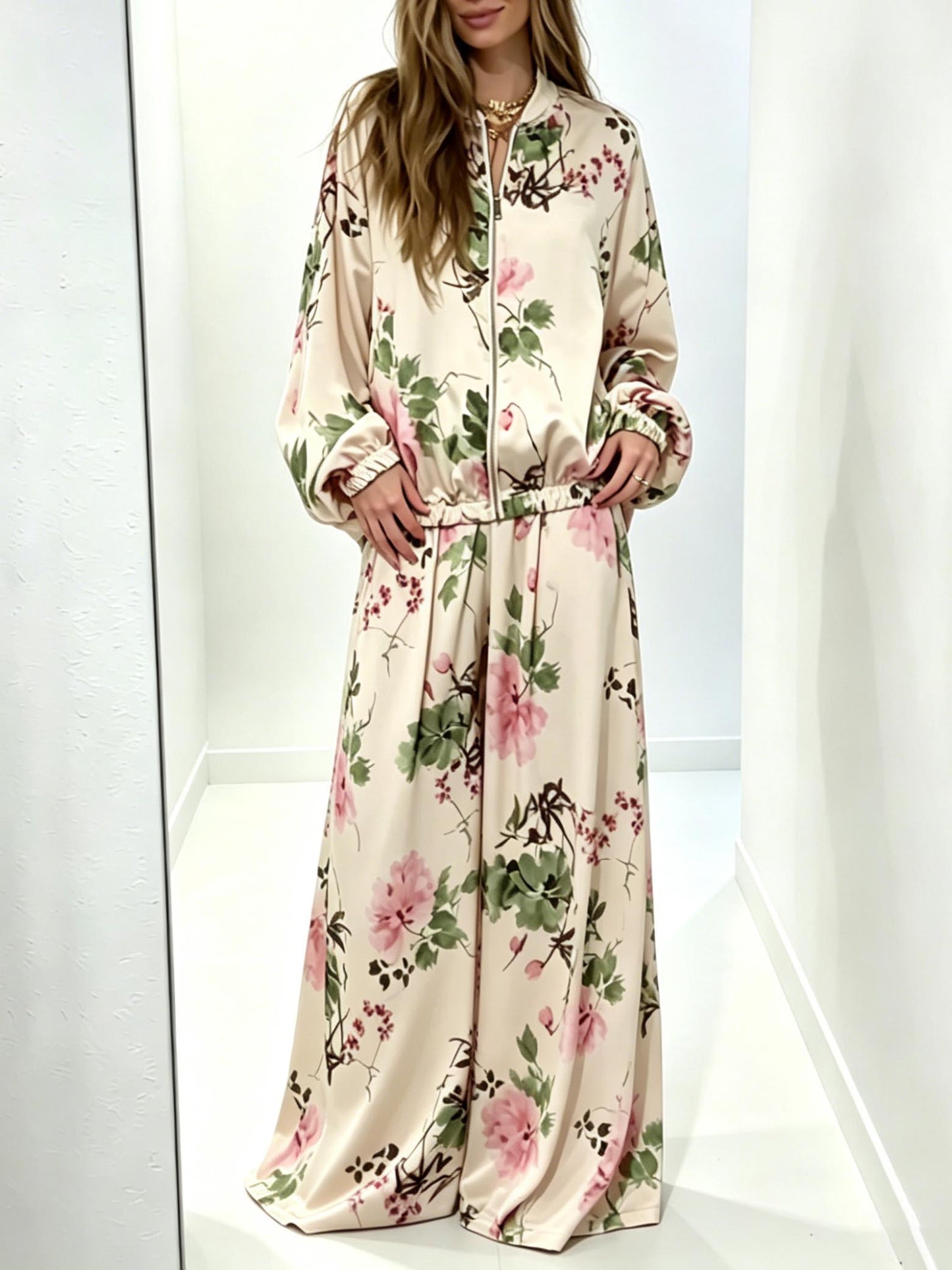 Elegant Floral Satin Zip-Up Jacket & Pants Two-Piece Set