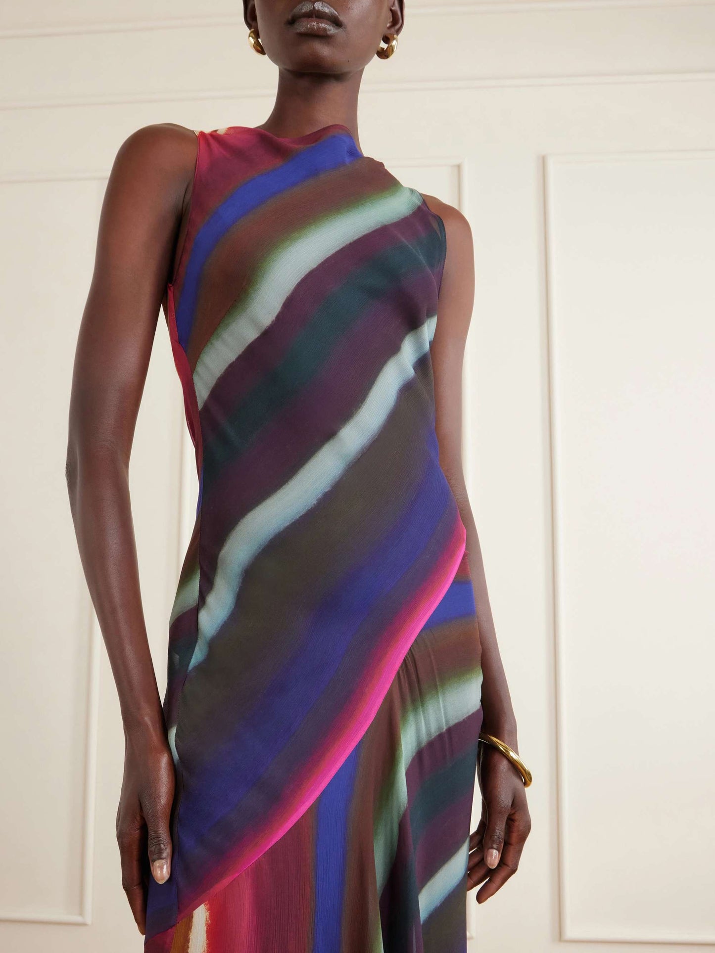 Elegant Diagonal Stripe Print Asymmetrical Flowy Maxi Dress