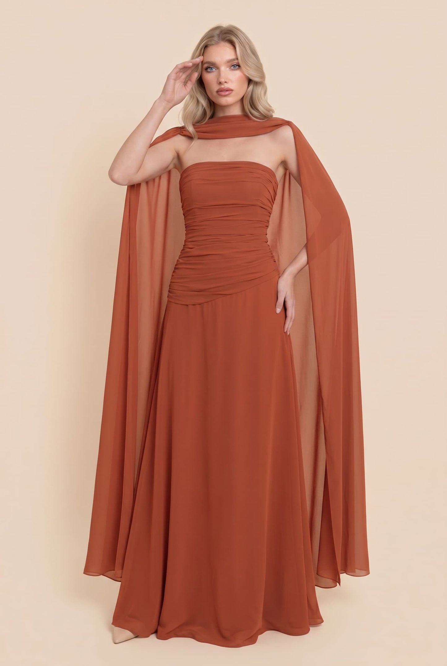 Pleated  Design Cape Maxi Dress