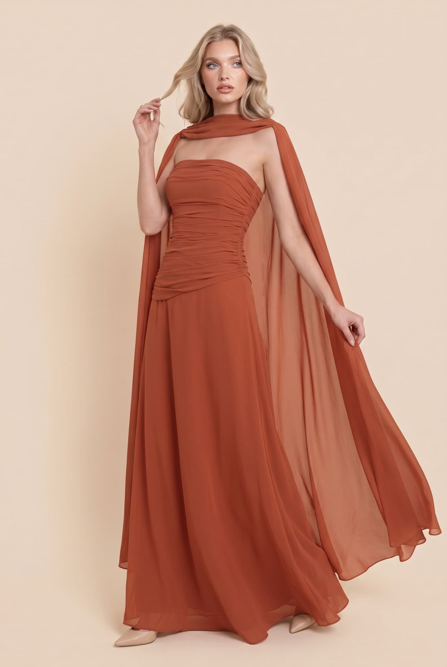 Pleated  Design Cape Maxi Dress