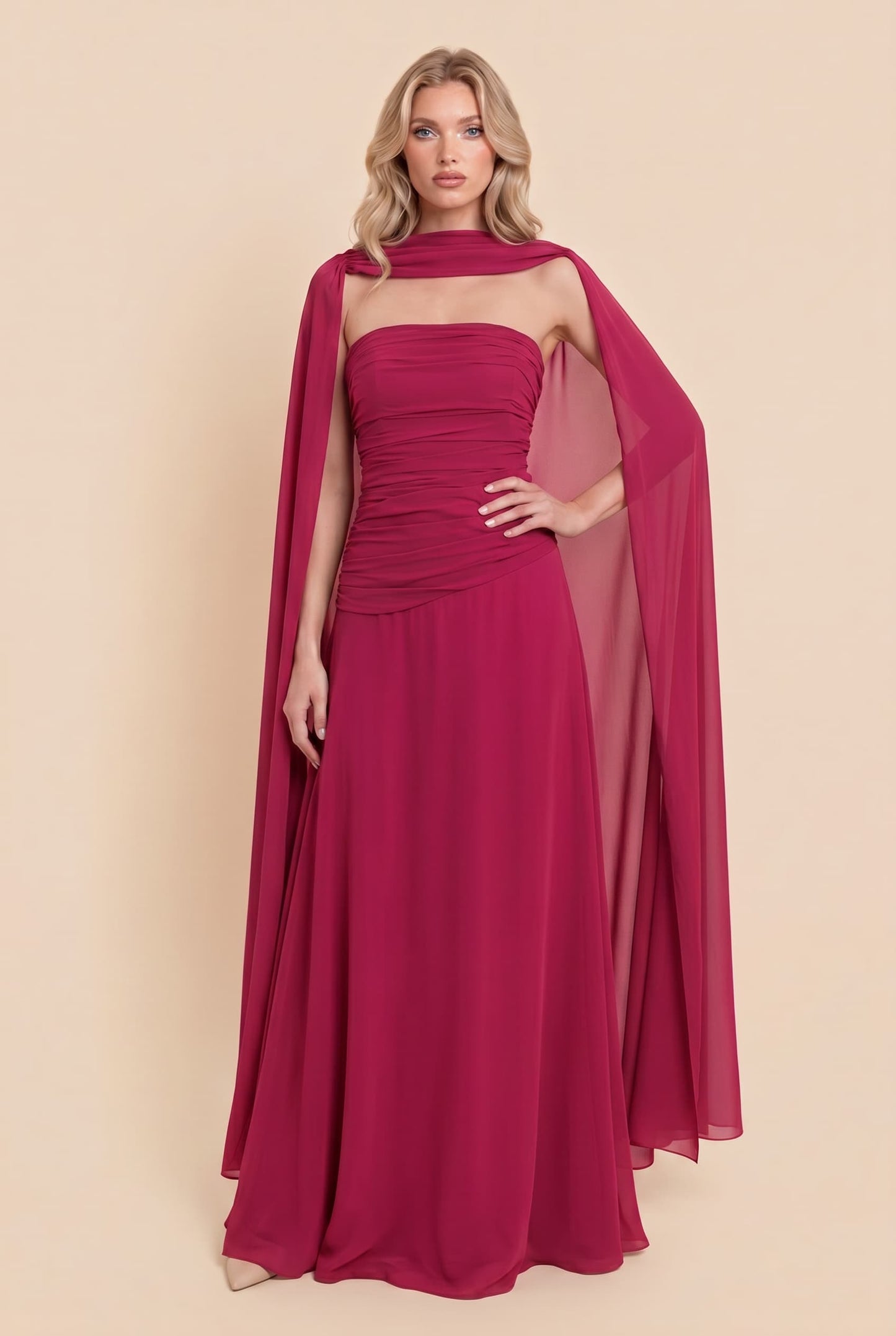 Pleated  Design Cape Maxi Dress