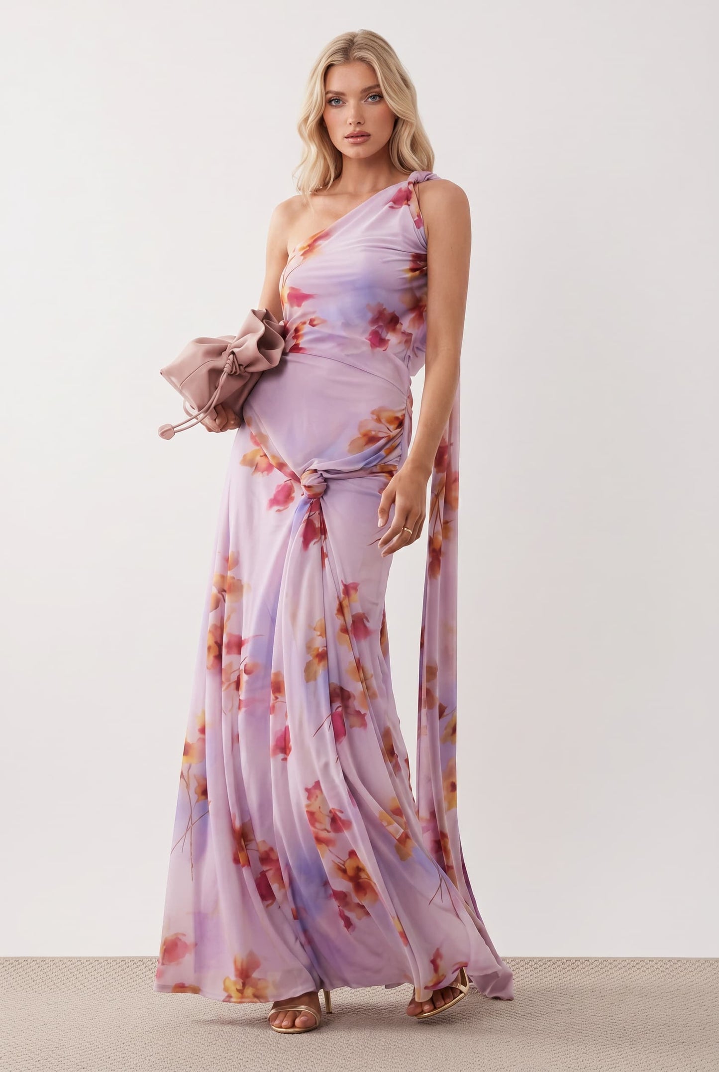 Slant-Shoulder Lace-Up Printed Maxi Dress