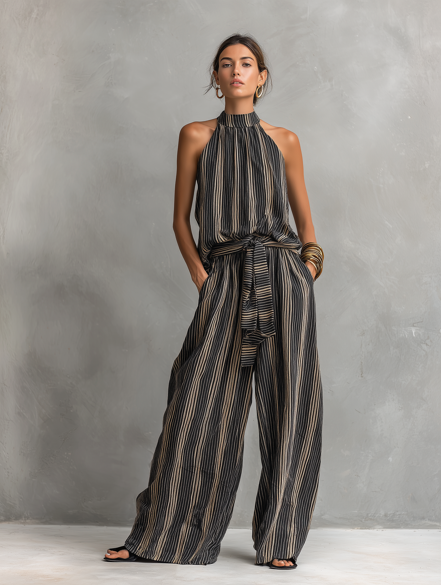 Striped Printed Woven Round Neck Sleeveless Top Paired With Trousers Set