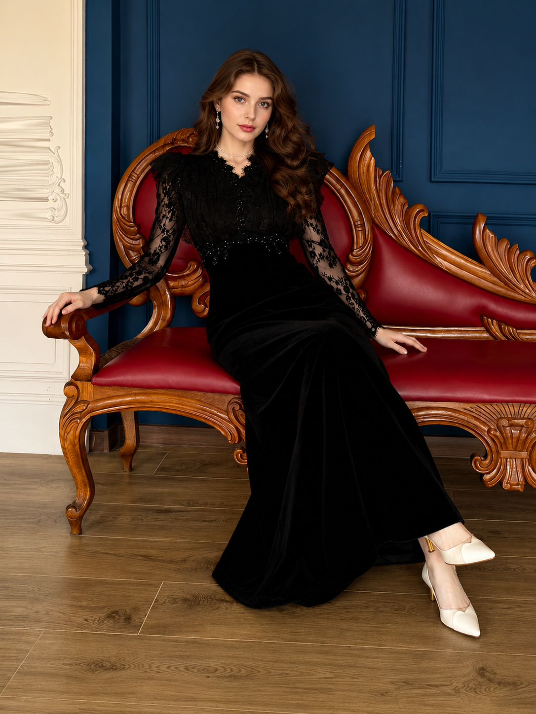 Monsseas Vintage Black Velvet Evening Dress with Lace Sleeves