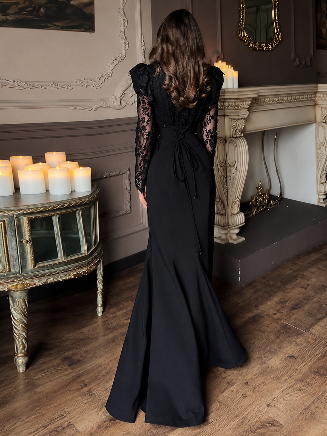Monsseas Vintage Black Velvet Evening Dress with Lace Sleeves
