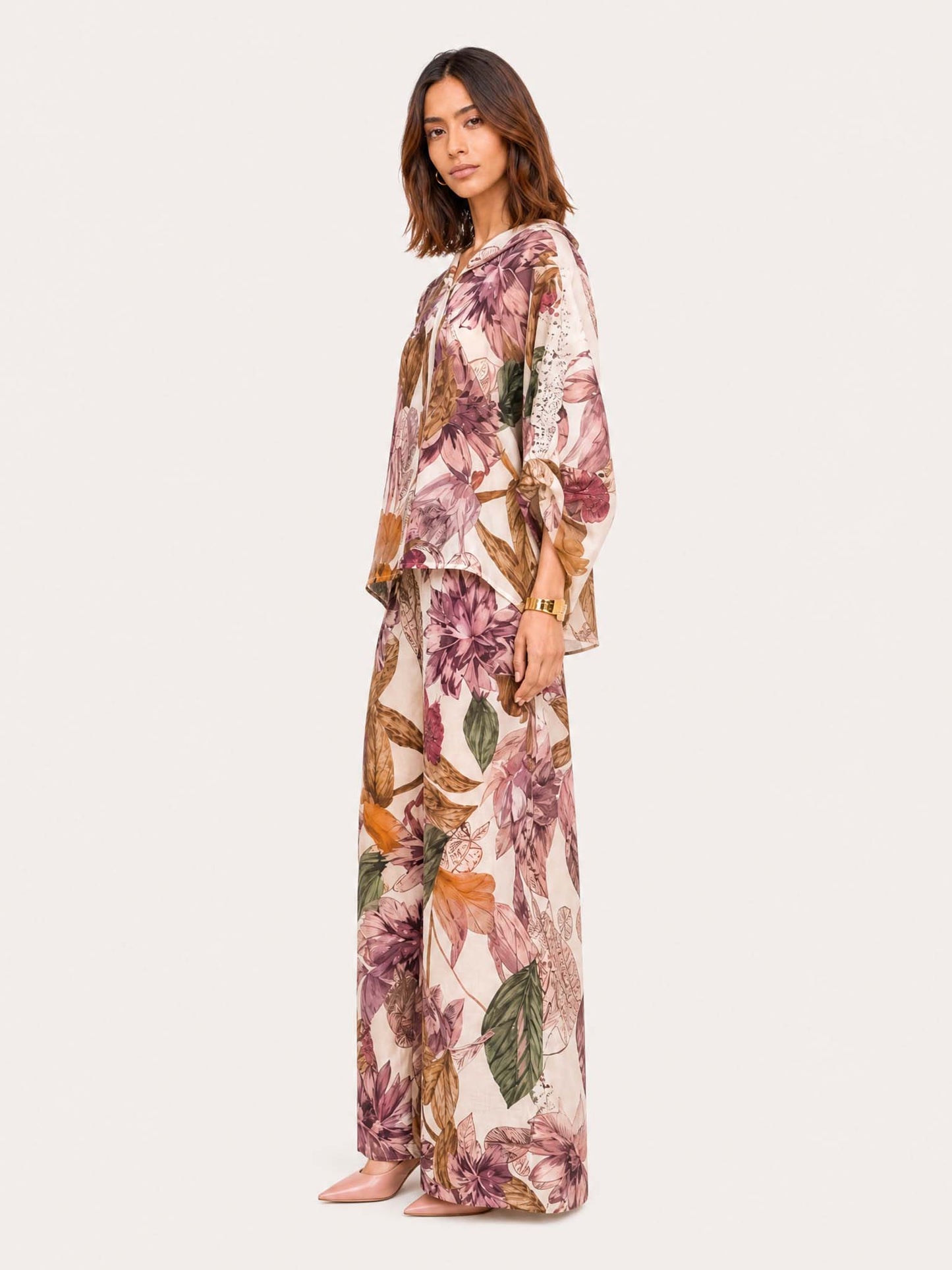 Romantic Floral Print Lace-Trim Two-Piece Set