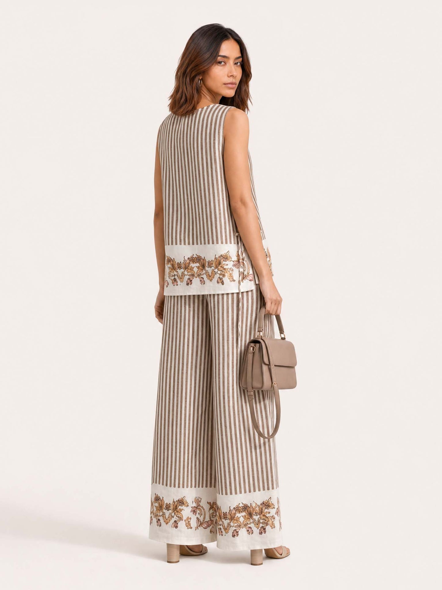 Elegant Striped Floral Two-Piece Wide Leg Pants Set